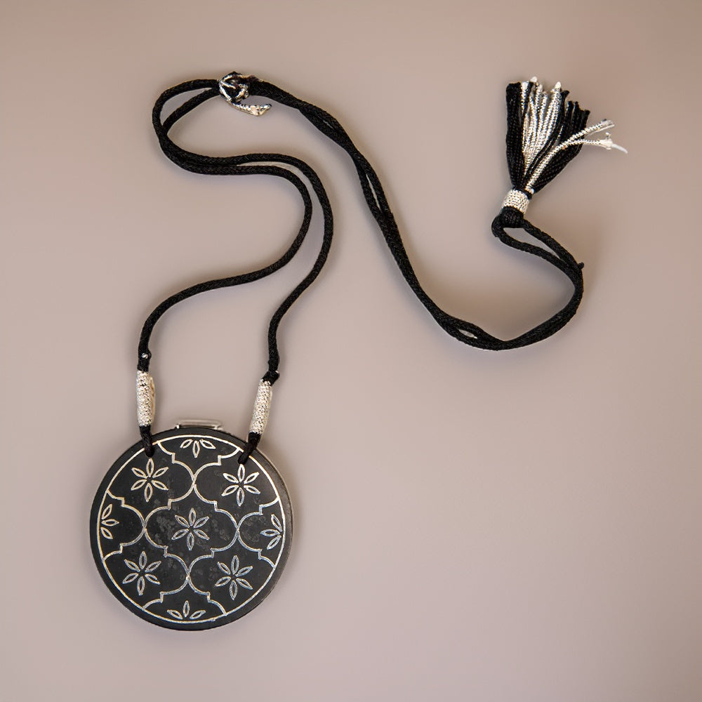 Bidri Silver Inlay Rounded Pendant | Bidri Work | Bidri Art