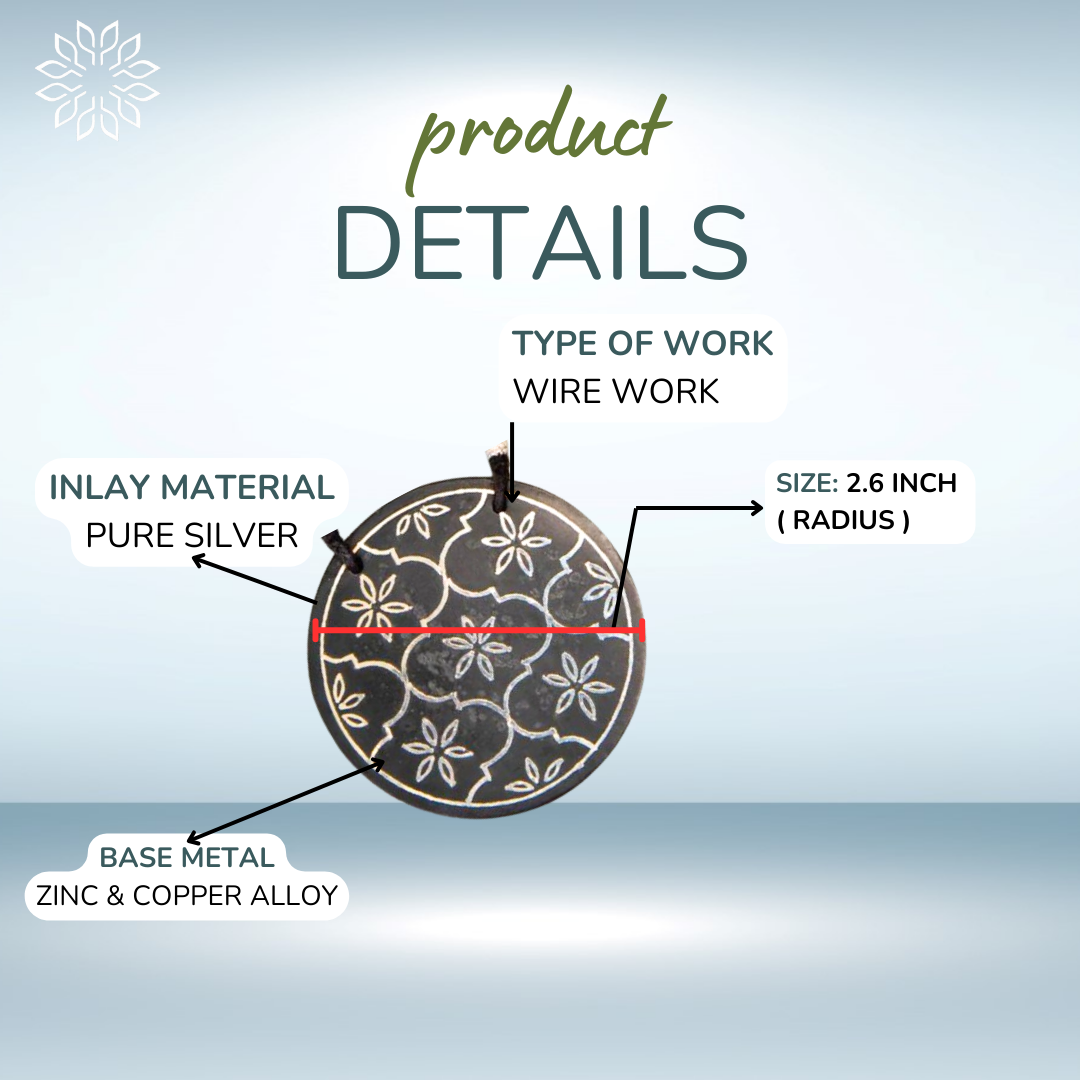 Bidri Silver Inlay Rounded Pendant | Bidri Work | Bidri Art