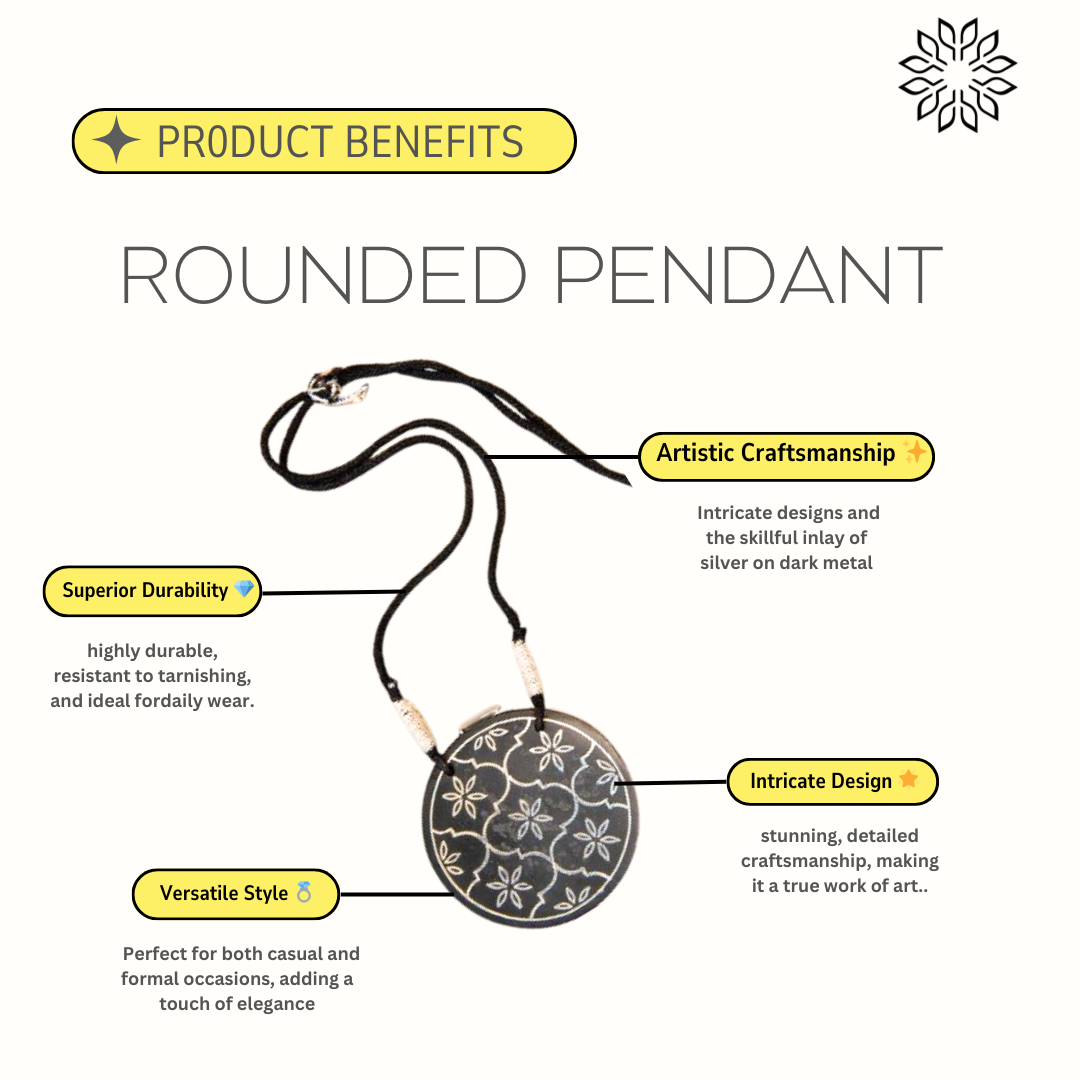 Bidri Silver Inlay Rounded Pendant | Bidri Work | Bidri Art