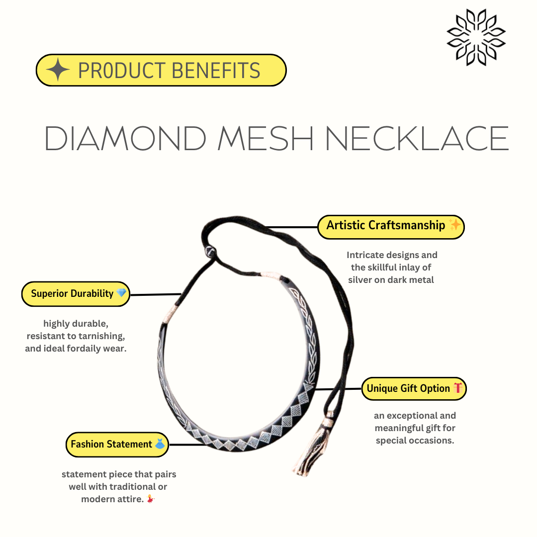 Bidri Silver Inlay Diamond Mesh Pattern Necklace | Bidri Work | Bidri Art