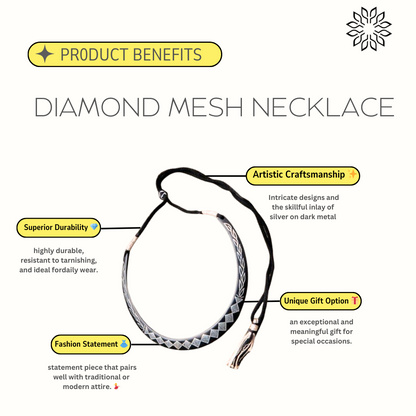 Bidri Silver Inlay Diamond Mesh Pattern Necklace | Bidri Work | Bidri Art