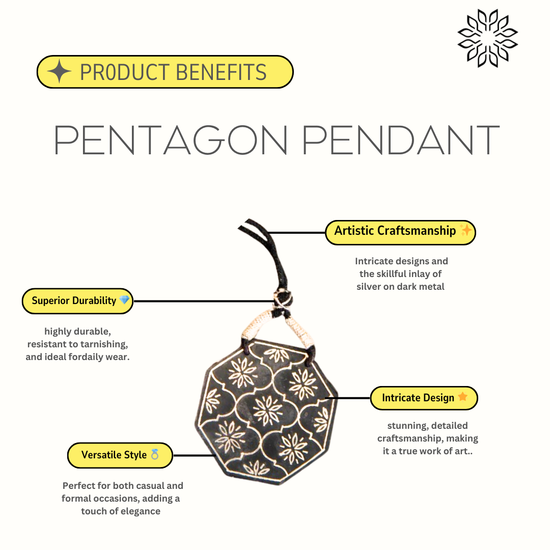 Bidri Silver Inlay Pentagon Pendant | Bidri Work | Bidri Art