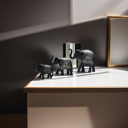 Bidri Silver Inlay Elephant Family Three Piece Set | Bidri Work | Bidri Art