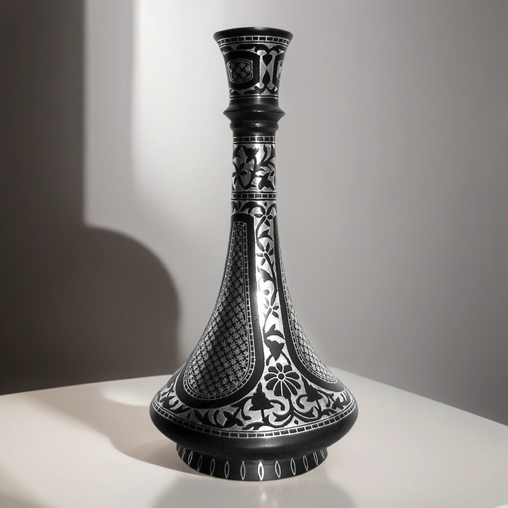 Bidri Silver Inlay Flower Vase Sheet Work Shahnai (9)inch | Bidri Work | Bidri Art